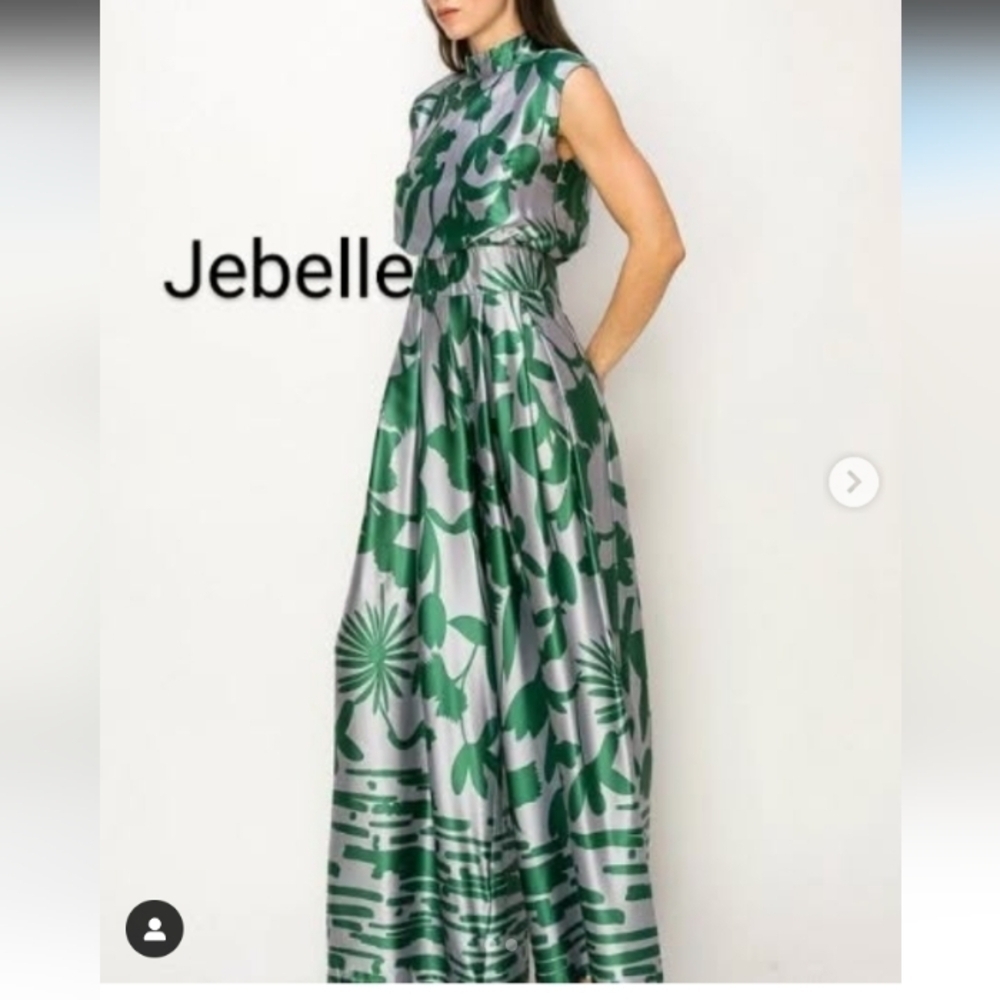 Ina Satin Floral Print Mock Neck Wide Leg Jumpsuit, Green & Pewter, Leaf